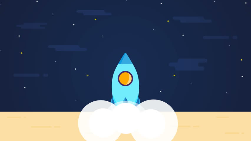 Intro for business startup. Space rocket launch with smoke. Template for you logo in flat cartoon style. Motion graphic Royalty-Free Stock Footage #1010155394