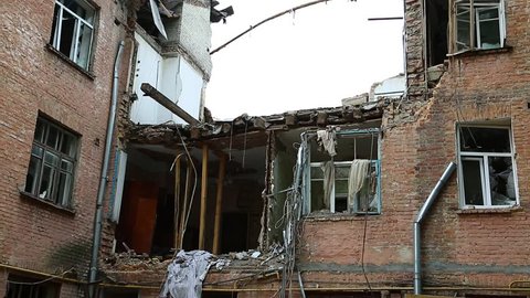 Ruins of building after gas explosion inside living premise, Kiev, Ukraine. Destruction of the house from gas explosion, building to be demolished