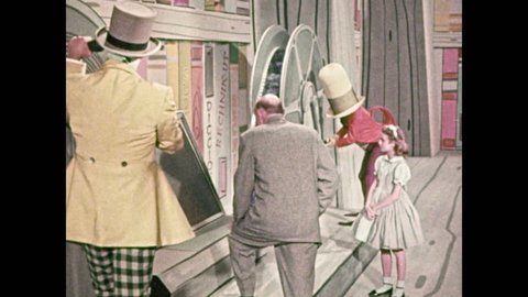 1950s: Man and girl talk, mad hatter and woman with large hat over head sit down in front of large film projector. Man gestures hand, animation of soundtrack appears.