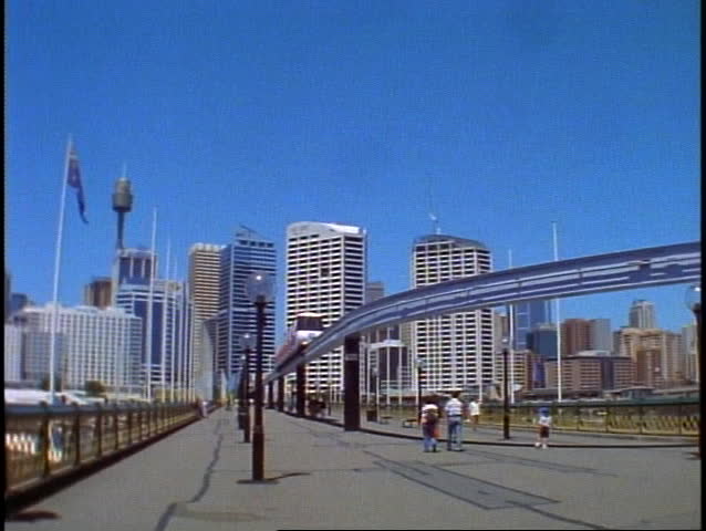 Sydney Skyline from Darling Harbor, monorail passes