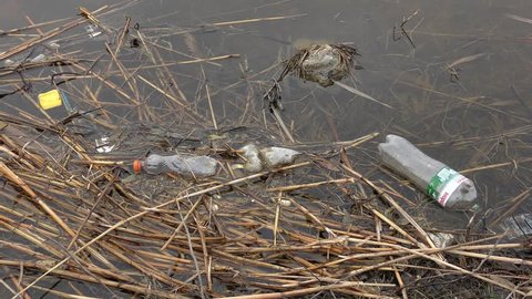 ODESSA, UKRAINE - FEBRUARY, 2018: Plastic rubbish in the water near the shore of the pond.