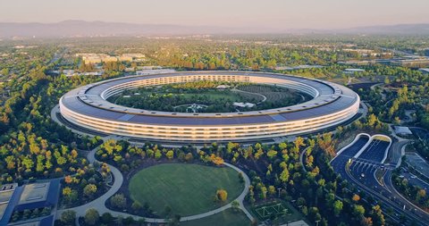 Aerial drone of Apple Campus spaceship at sunrise in Sunnyvale / Cupertino Silicon Valley, California, USA. 21 April 2018