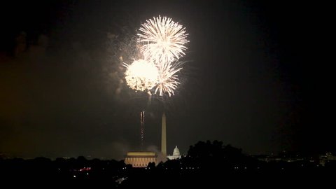Fireworks on Independence Day, 4th July, over the monuments in Washington DC and the Mall