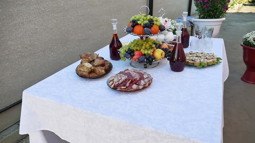 Great variety of salads on a buffet table. buffet table the home wine outdoors meat and fruit