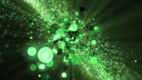 Space green background with particles. Space lime dust with stars on black background. Sunlight of beams and gloss of particles galaxies. Green screen.