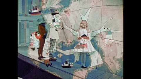 1950s: Man in suit and little girl speak walk and talk hand in hand next to giant globe. Mad Hatter stops and confronts man in suit.