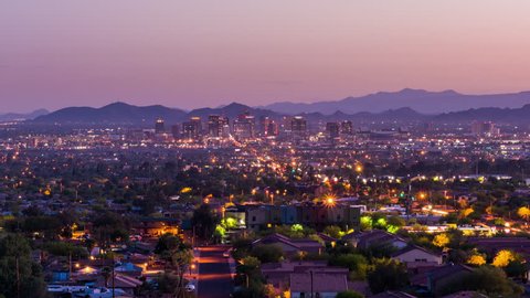 Phoenix, Arizona, USA downtown skyline time lapse at dawn.