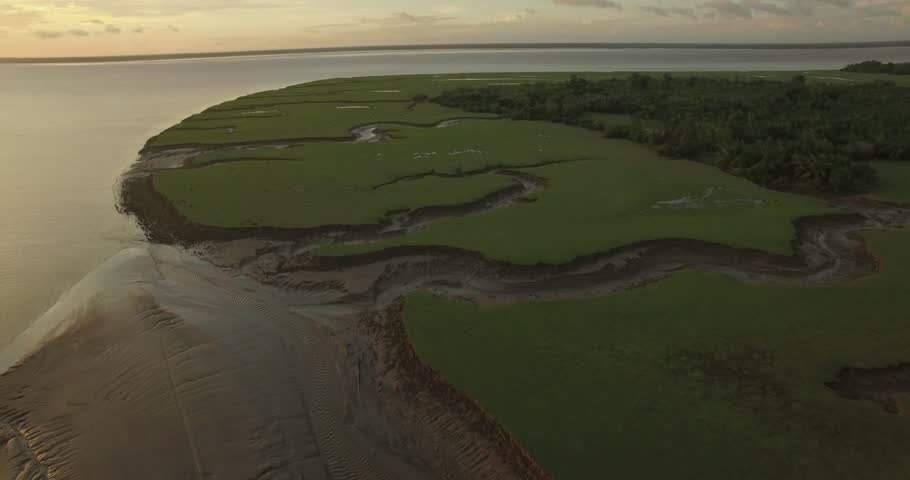 Aerial slow move forward of Marajo Island Amazon River inlets and tributaries carved out in the mud landscape at low tide