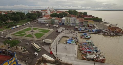 Aerial approaching colonial facades in old port town of Belem do Para in the Brazilian Amazon