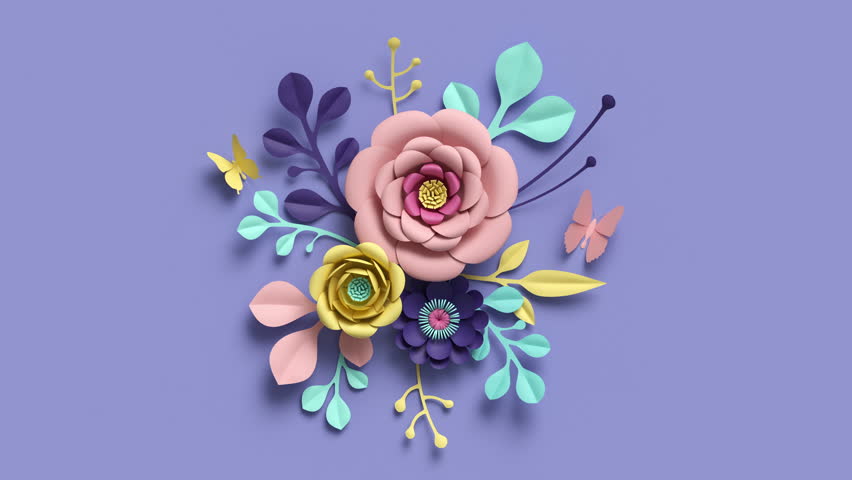 3d rendering, growing floral background from paper flowers, blooming botanical pattern, bridal round bouquet, papercraft, candy pastel colors, bright hue palette, 4k animation