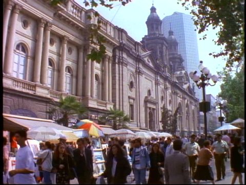 CHILE, 1998, Santiago, Plaza del Armas, Santiago Cathedral, people, stands, busy