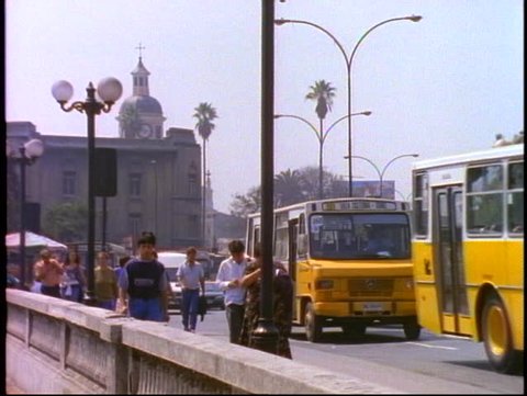 CHILE, 1998, Santiago, bridge, people, traffic, buses, churches background