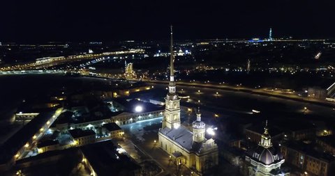 Saint Petersburg night city, helicopter view, areal view, Peter and Paul fortress