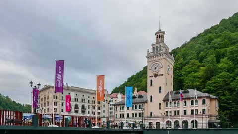 Sochi, Russia - September 1, 2017: Clock Tower Rosa Khutor at sunset. Time Lapse. Venue Winter Olympic Games 2014