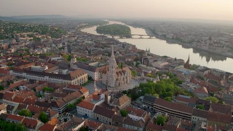Aerial video shows the Buda side of Budapest in sunrise