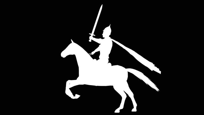 White silhouette of a warrior on horseback. Alpha channel. Alpha matte. 