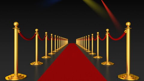 Red carpet and pillars with red ropes on the background of flashing lights. 3d render.