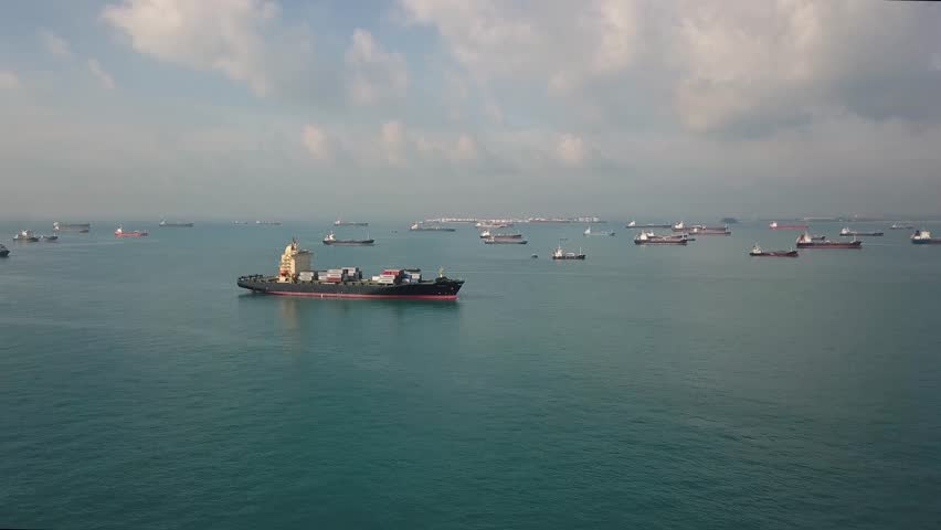 Aerial Shot Of Busy Shipping Traffic At Morning In The Straits Of Singapore