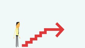Flat style businessman climbing to the top of a stairway with a direction arrow on the top. Leadership