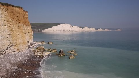 Seven Sisters chalk cliffs East Sussex uk between Seaford and Eastbourne with blue sky and sea