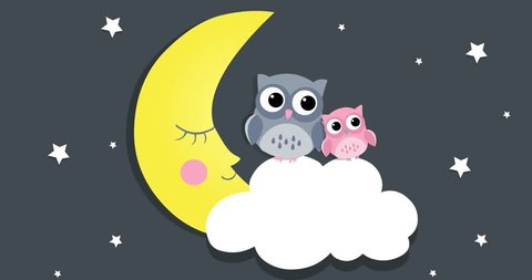 Cute owl and a small owl on a white cloud with moon, on a dark blue background. Can be used for lullaby, children's video. Cartoon animation, loop, 4K