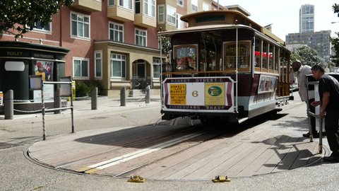 Cable Car leaving turnaround stop at taylor street fisherman wharf in San Francisco