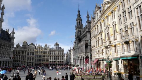 panning left clip of the historic city hall and grand place in brussels, belgium