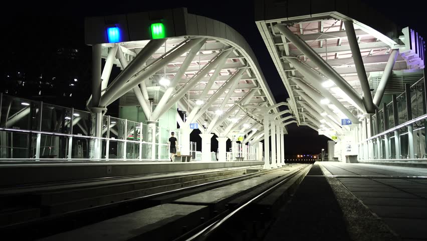 Kaohsiung, Taiwan - April 13 : View of light rail tram and the skyline in Kao