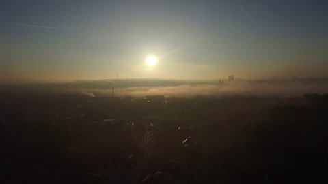 Czech Republic, roof, city, summer, travel, town, drone view, morning, misty, sunny, Prague, sunrise