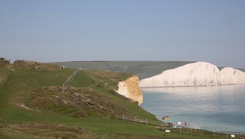 Seven Sisters chalk cliffs South Downs East Sussex uk between Seaford and Eastbourne southern England pan view