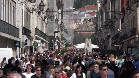 Crowded Street In Lisbon. LISBON, PORTUGAL - 25 APRIL 2018; Rua Augusta (Augusta street) is located in one of the busiest quarters of Lisbon.