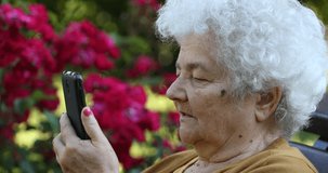 Older Pensioner Woman Talk Online Conference Use Mobile Phone Park Red Flowers