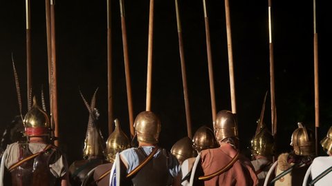 The Macedonian phalanx, a greek infantry formation, marching in column during the reenactment ‘Back In Time’ on July 29, 2017 in Arezzo (Italy)
