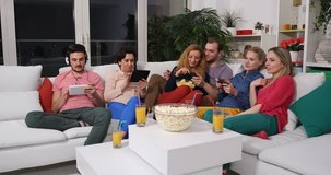 Big Group of Friends Relaxing at Home Sofa in Living Room Entertainment Activity