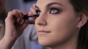 macro video. make-up artist with a brush paints eyelashes girl