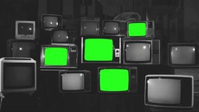 Four Stacked 80s TVs Turning Off Green Screen. BW Tone. Ready to Replace Green Screens with any Footage or Picture you Want. You can do it with “Keying” Effect in AE (check out tutorials on YouTube).
