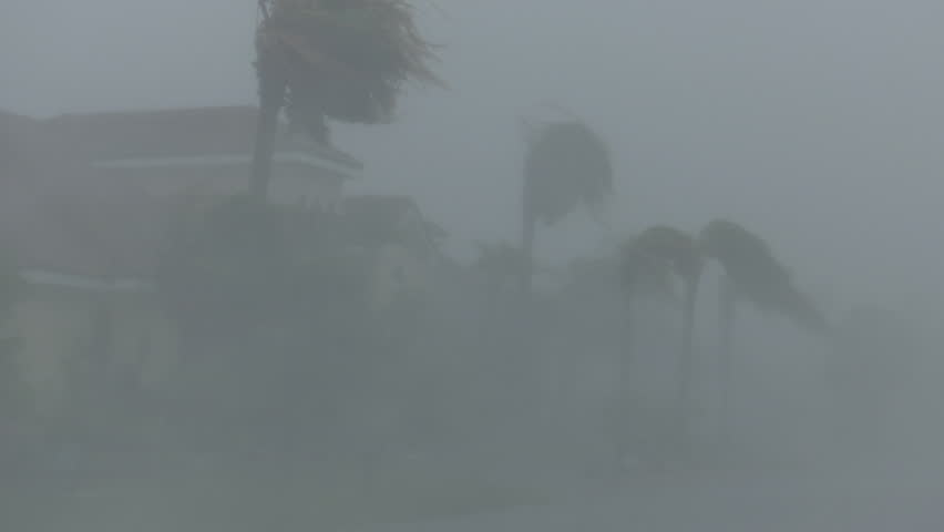Rockport, TX/US - August 26, 2017 [Major Hurricane Harvey making landfall in Rockport, Texas. Hurricane winds, storm surge flooding along the coastal homes. Palm trees blowing hard in intense wind.]