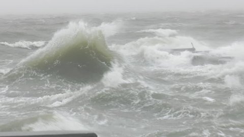 Rockport, TX/US - August 26, 2017 [Major Hurricane Harvey making landfall in Rockport, Texas. Hurricane winds, storm surge flooding with large rough waves in the wind.]