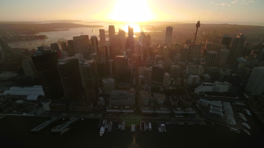 Aerial video of downtown Sydney in Australia at sunrise.  Royalty-Free Stock Footage #1010353040