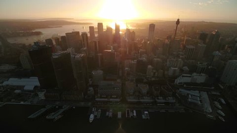 Aerial video of downtown Sydney in Australia at sunrise. 