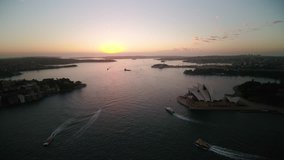 Aerial video of downtown Sydney in Australia at sunrise. 