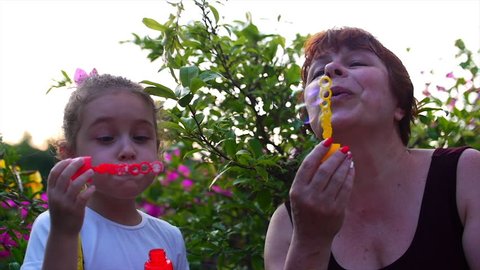 Happy smiling Family, grandmother with granddaughter are playing, blowing soap bubbles in the summer outdoor. Stock Footage.