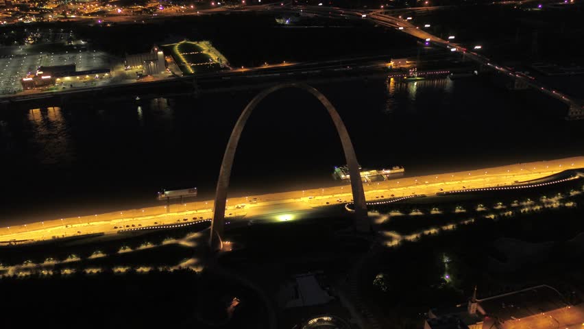 Aerial video of St Louis in Missouri on a clear night