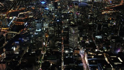 Aerial video of downtown Melbourne at night.