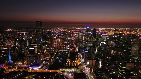 Aerial video of downtown Melbourne at night.