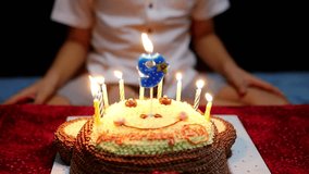 Kid is happily blowing candles on his birthday cake - happy joyful birthday party celebration concept 