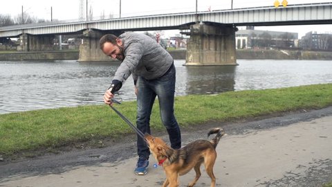 Happy man playing with his dog by the river in city, super slow motion
