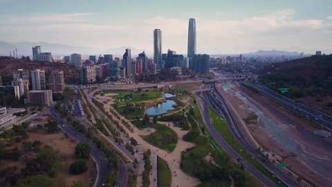 Aerial view of  "Vitacura bicentennial park", on a clear day in Santiago of Chile