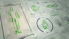 Background with animation of abstract interface. Walk human, head, hands, DNA spirals and heart in wireframe style and animation programming codes. Animation of seamless loop. - Powered by Shutterstock - Get 15% off with code: PIKWIZARD15