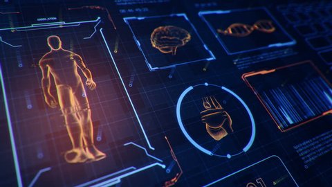 Background with animation of abstract interface. Walk human, head, hands, DNA spirals and heart in wireframe style and animation programming codes. Animation of seamless loop.